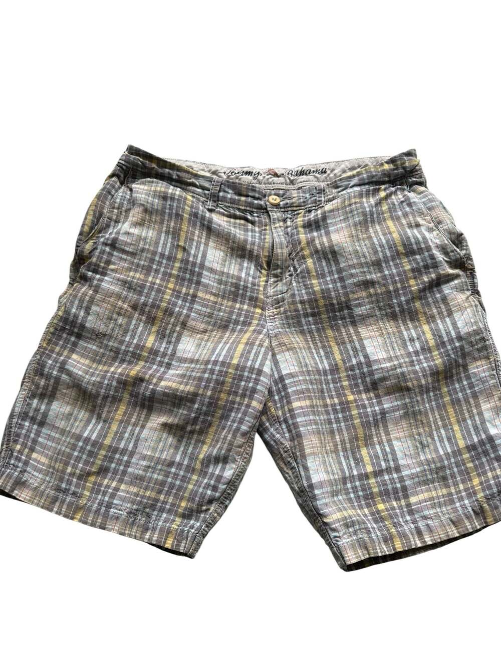 Tommy Bahama Mens 33 Linen Tencel Plaid Shorts Flat Front Casual Resort Beach